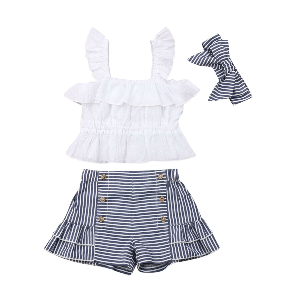 Toddler Baby Girls Sleeveless Pleated Crop Top+Striped Ruffle Shorts+Headband Outfits Summer 3 PCS Clothes Set