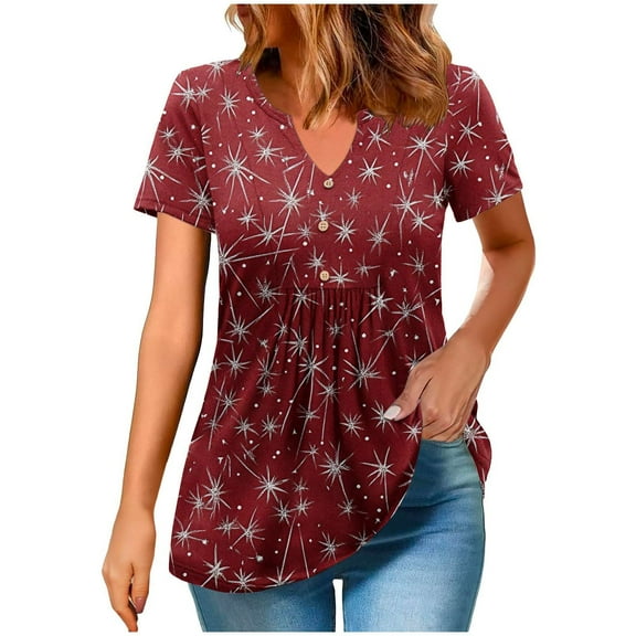 Womens V-Neck Tshirts Summer Henley Short Sleeve Tops Casual Pleated Blouse Dressy Loose Floral Basic Tee Oversize Blouses