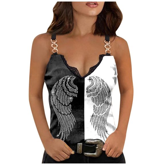 JINMGG Womens Tank Tops Plus Size Women's Chain Vest Summer Loose Casual Butterfly Print Unique V-neck Blouse Black XL