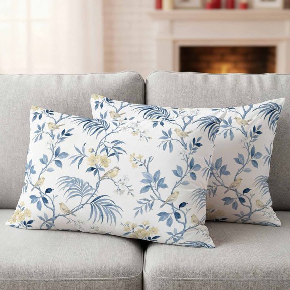 Blue Yellow Floral Outdoor Waterproof Throw Pillow Covers 20x12 Set of 2, Spring Birds Garden Botanical Blossom Decorative Pillowcases Cushion Pillowcase for Couch Sofa Patio Outside Pillow Protector