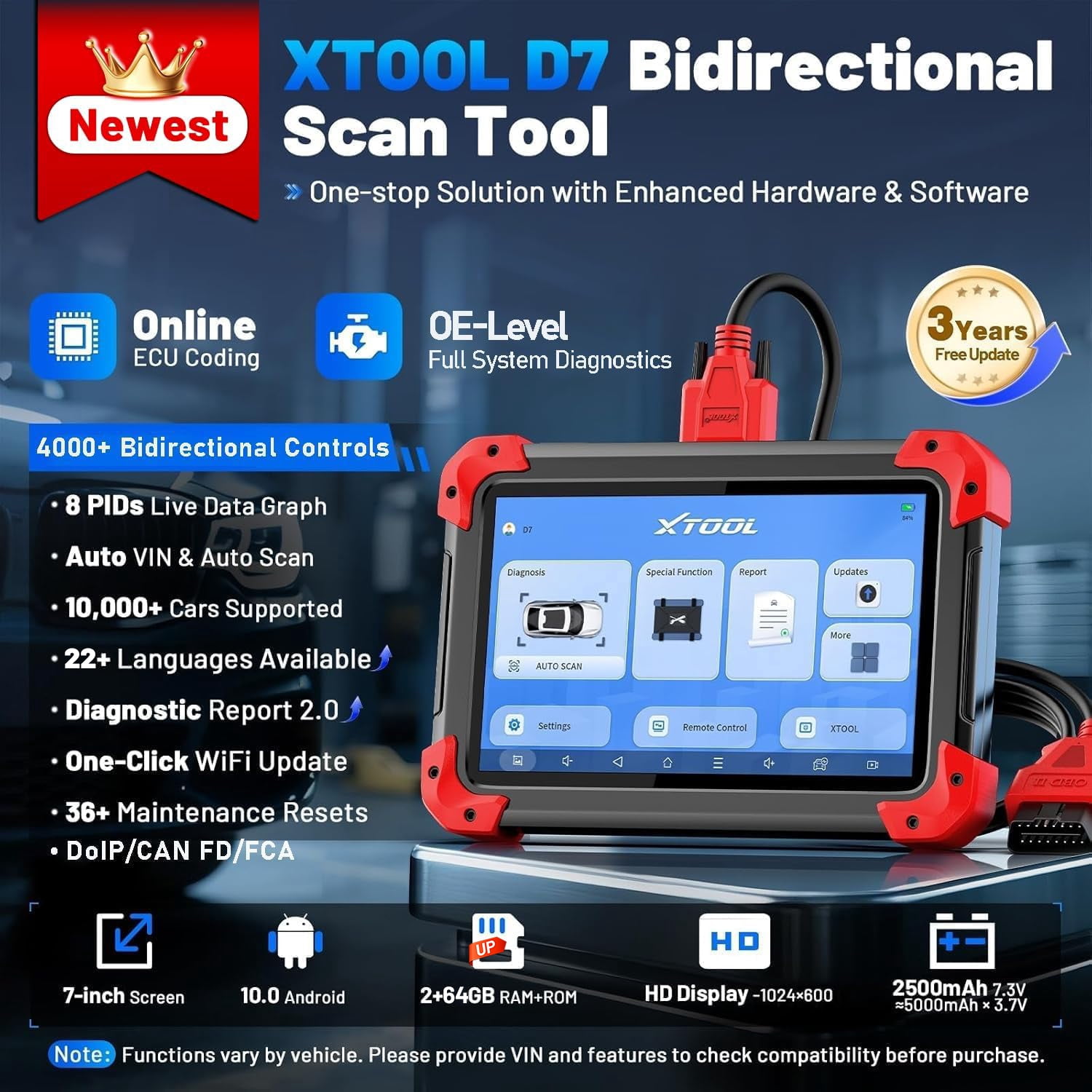 XTOOL D7 V2.0 Bi-Directional Scan Tool, Ai-Assisted OBD2 Scanner Car Code Reader with ECU Cod-ing, Full System Scan, 36+ Services
