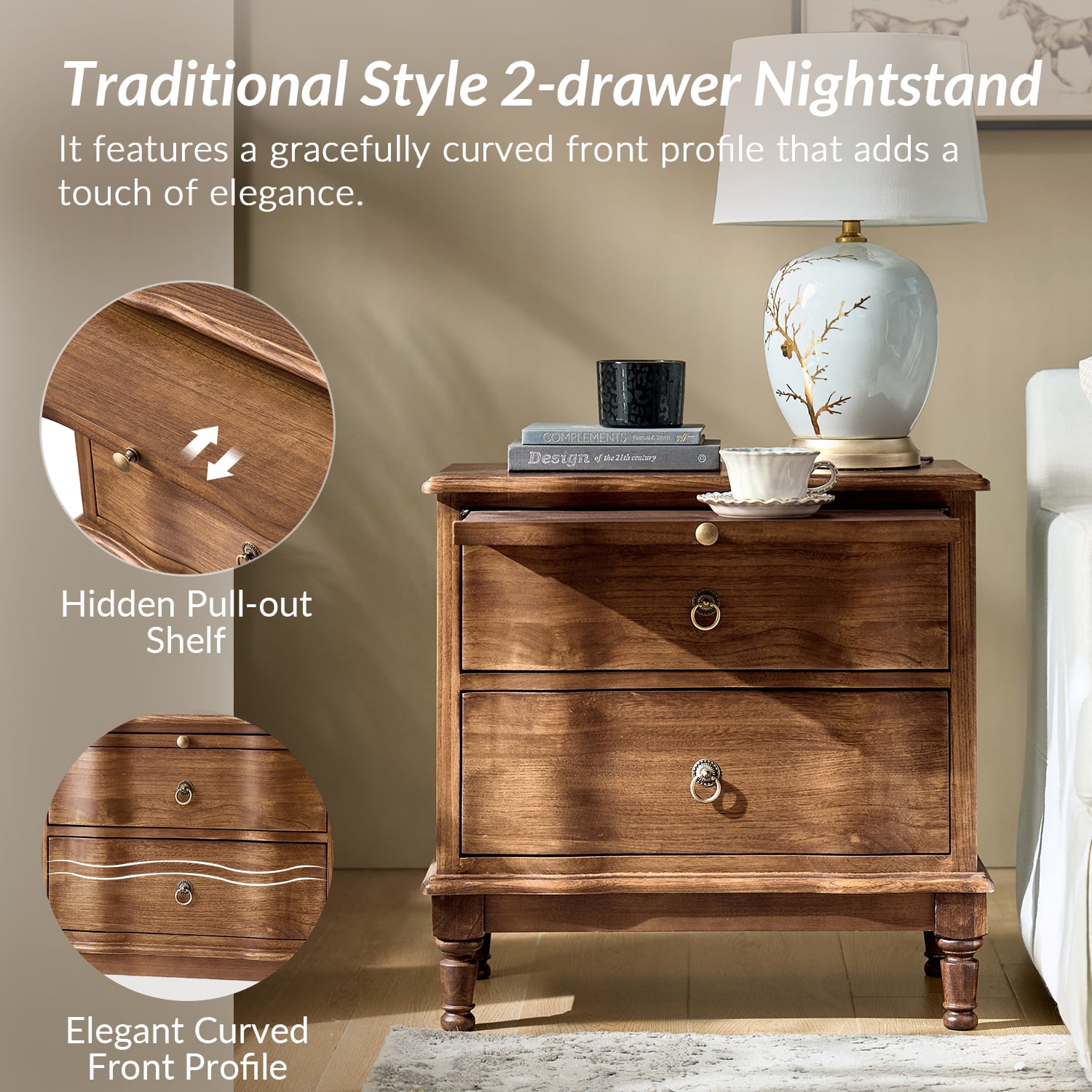 25" Traditional 2 Drawers Solid Wood End Table with Pull-out Tray and Charging Station Cherry