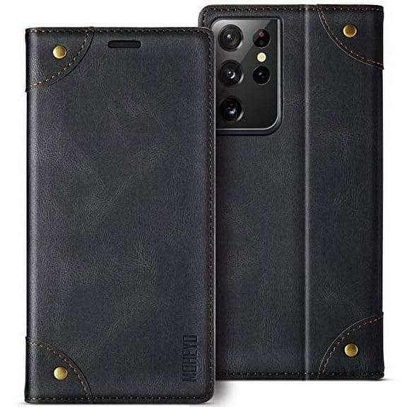MOHEYO Luxury Wallet Flip Cover Soft Leather Card Holder Case for Samsung Galaxy S21 Ultra - Black