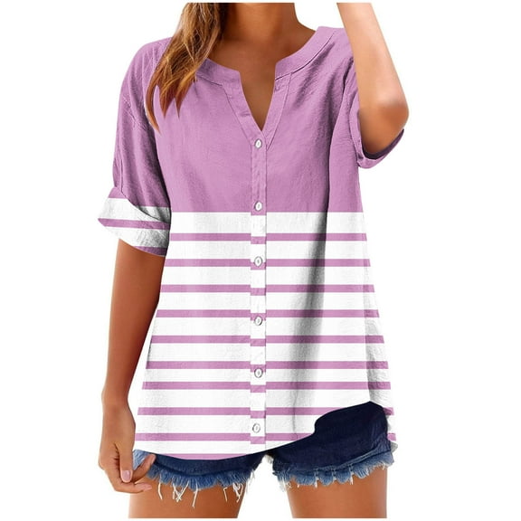 Idoravan Womens Button Up Shirt Short Sleeve Women's V-neck Short Sleeved Non Positioning Printed Summer Button Short Sleeved Loose And Fashionable T-shirt