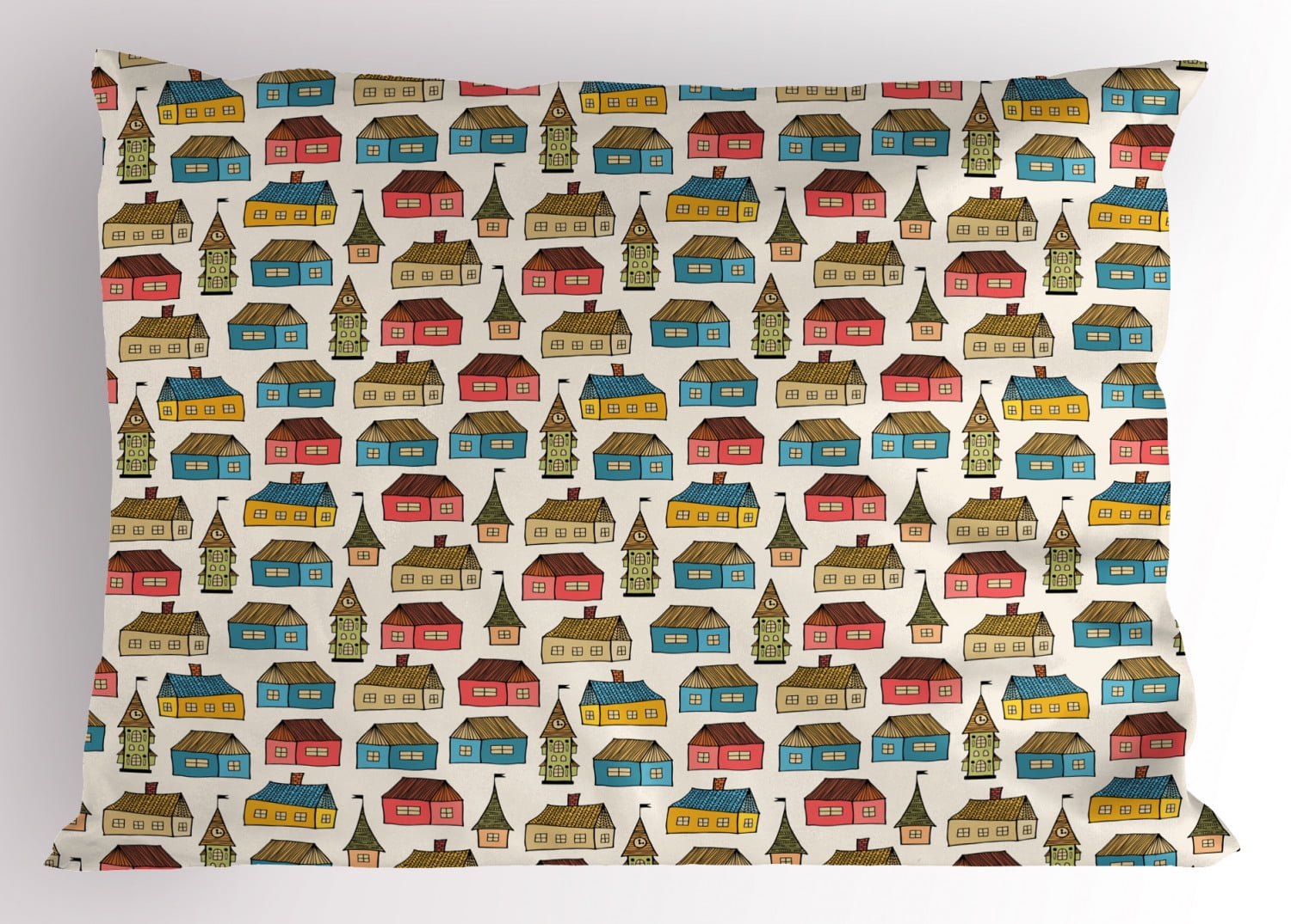 Dutch Pillow Sham Hand Drawn Houses Cartoon Dutch Town Abstract Sketch