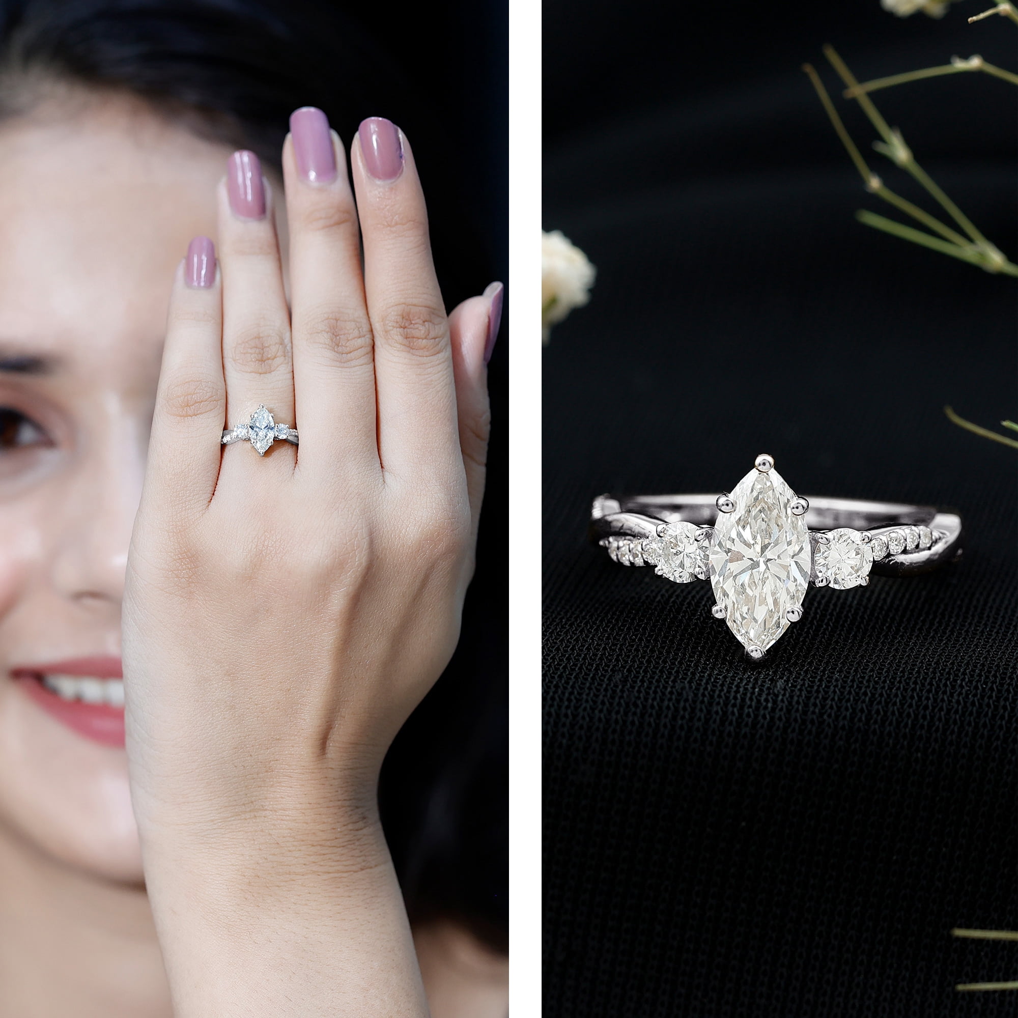 Rosec Jewels Certified Lab Grown Diamond Marquise Engagement Ring 1 Carat - EF-VS1 Quality - Diamond Solitaire Ring for Women, 14K White Gold, US 13.00