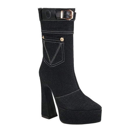 

PMUYBHF Solid Denim Water Proof Platform Pointed Toe High Heel Belt Buckle Women Mid Calf Boots 61.98