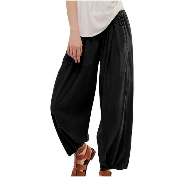 UYISJ Linen Pants for Women Wide Leg Pants Trendy Elastic Waist Pants Loose Fit Flowy Casual Trousers Pants with Pockets XL