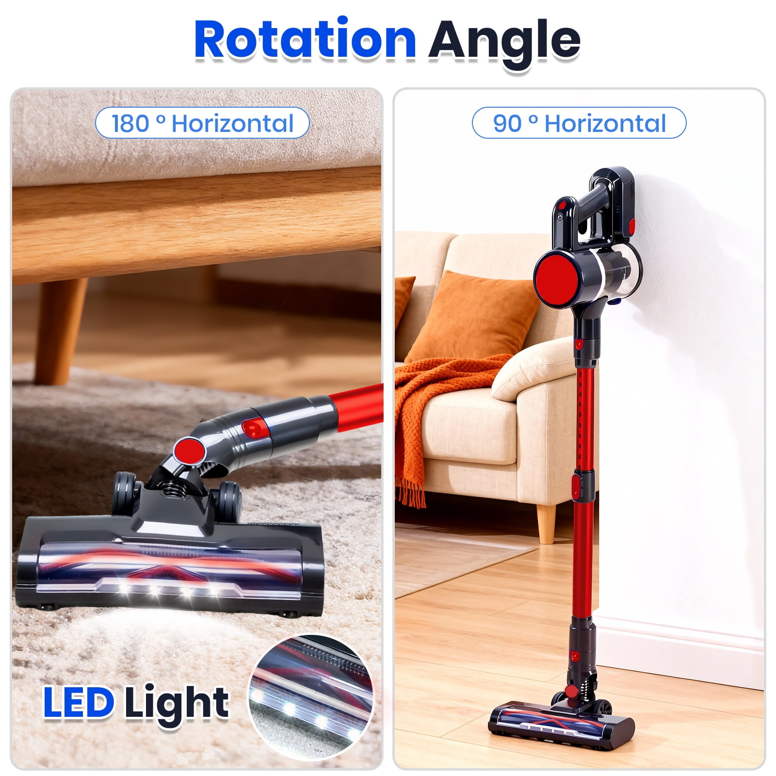 LIFERECORD Cordless Vacuum Cleaner, 180°Flexible Stick Vacuum for Pet Hair with Anti-Tangle Brush, 3 Suction Modes, LED Light for Hardwood Floors, Carpet, Furniture