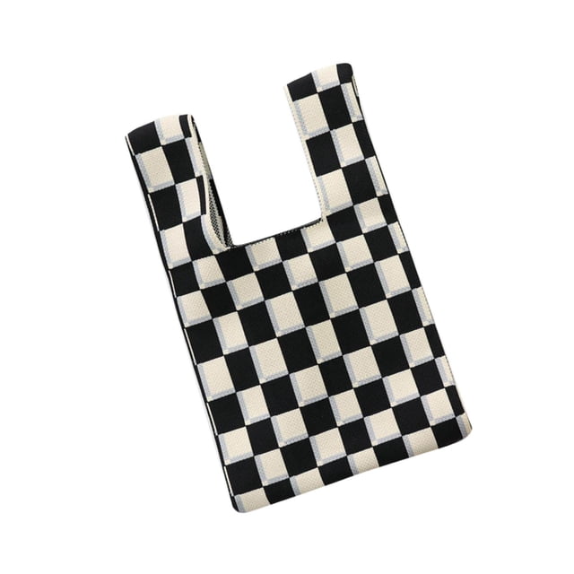 Women Handbag Tote Grid Pattern Purses Open Handbag Shoulder Bag for Females Summer Beach Grid Knitting Summer Black White