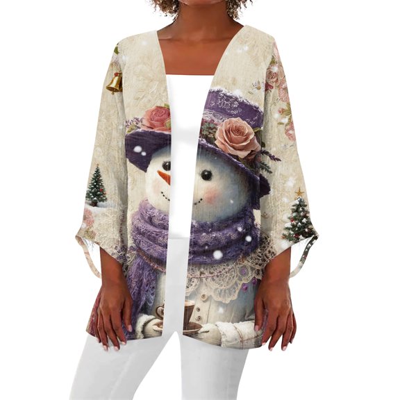 Women's Casual and Fashionable Christmas Printed Lightweight Mid-Length Jacket Cardigan, for Spring and Fall Wear,Khaki,M