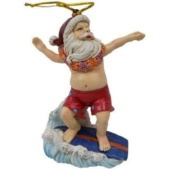 Barry Owens Resin Surfing Santa Hanging Ornament BV460 4.25 Inches x 3 Inches
