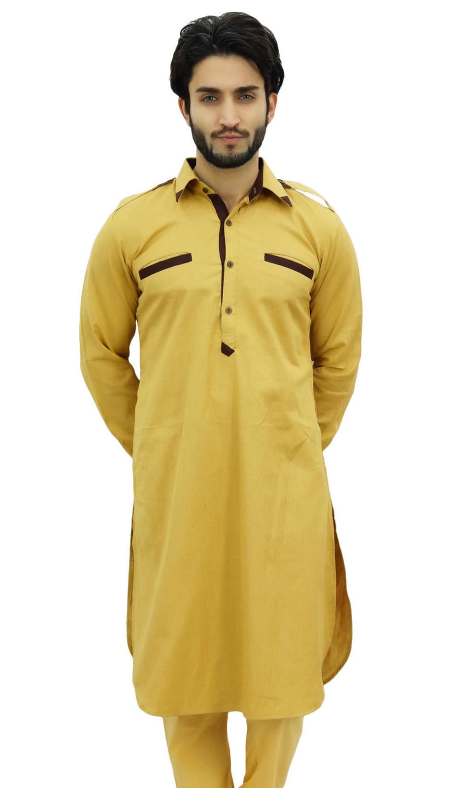 Atasi Men's Pathani Style Punjabi Shirt Ethnic Yellow Long Casual ...