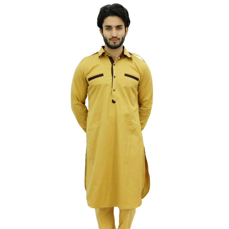 Atasi Men s Pathani Style Punjabi Shirt Ethnic Yellow Long Casual