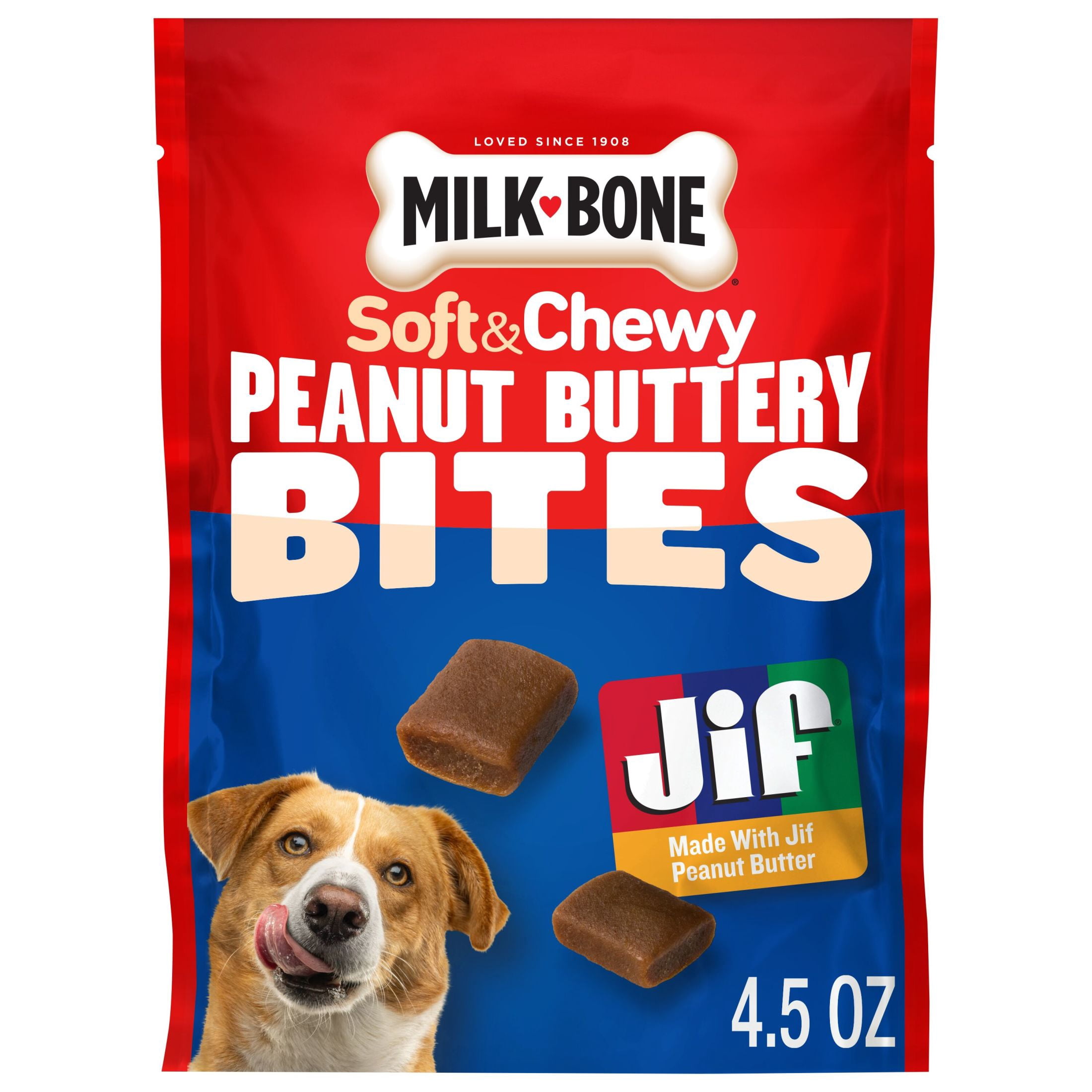 (4 pack) Milk Bone Peanut Buttery Bites, Soft Dog Treats With Jif Peanut Butter, 4.5 oz Bag