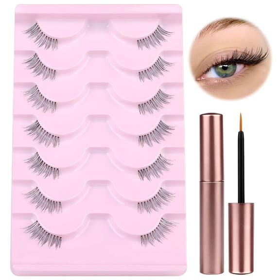 RAGUPEL 2026 New Half Lashes Natural Look Eyelashes Wispy Cat Eye Lashes with Glue Clear Band Half Eyelashes Natural Lashes That Look Like Extensions 3/4 Corner Eyelashes with Glue 7 Pairs Black