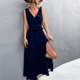 thumbnail image 4 of Sleeveless Dress for Women V Neck Casual Summer Split Long Dress Solid Loose Comfy Elegant Belted Tank Party Dress, 4 of 7