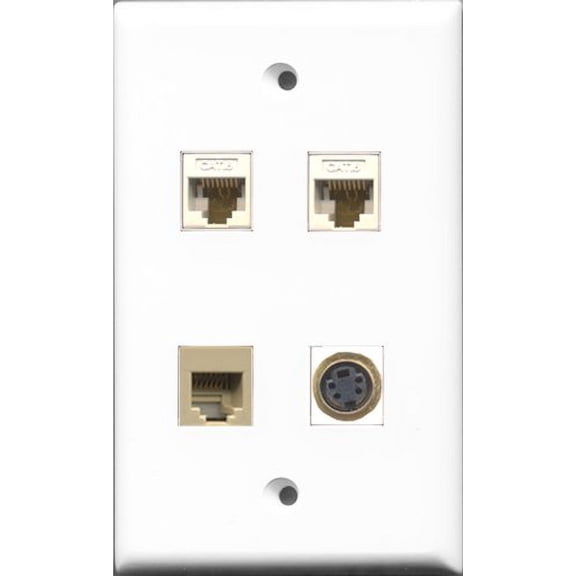 RiteAV 1 Port Phone RJ11 RJ12 Beige and 1 Port S-Video 2 Port Cat6 Ethernet White Wall Plate