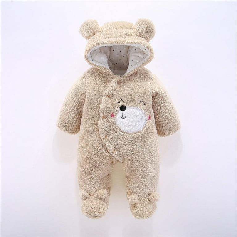 skpabo Infant Boys Girls Cute Bear Jumpsuit Coat Romper Fuzzy Hooded Button  Toddler Baby Fleece Long Sleeve Thick Keep Warm Jumpsuit Khaki 0-6 Months 