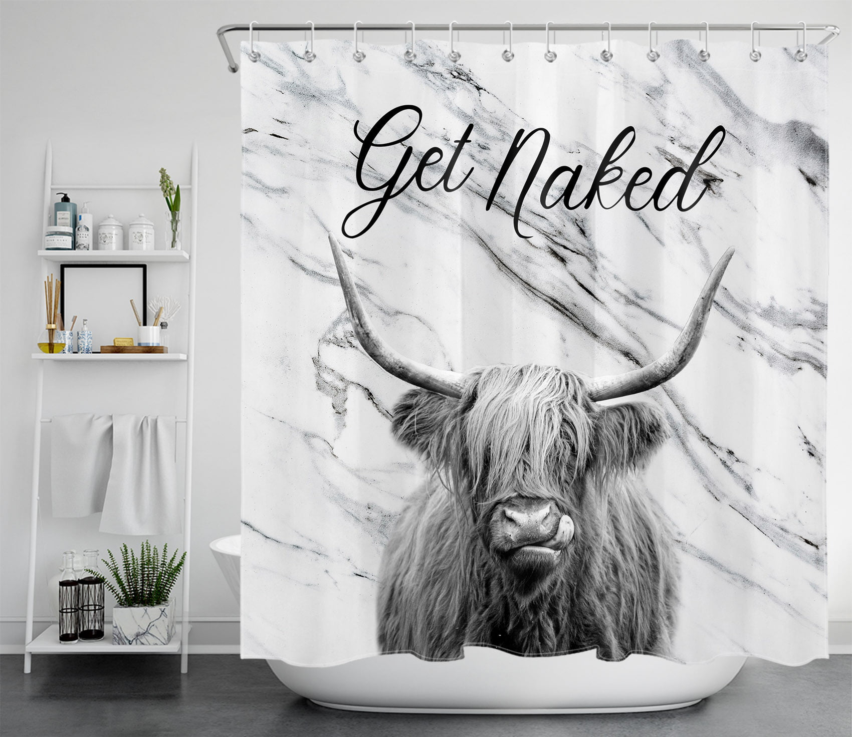 Funny Highland Cow Shower Curtain Abstract Marble Funny Get Naked Bathroom Set
