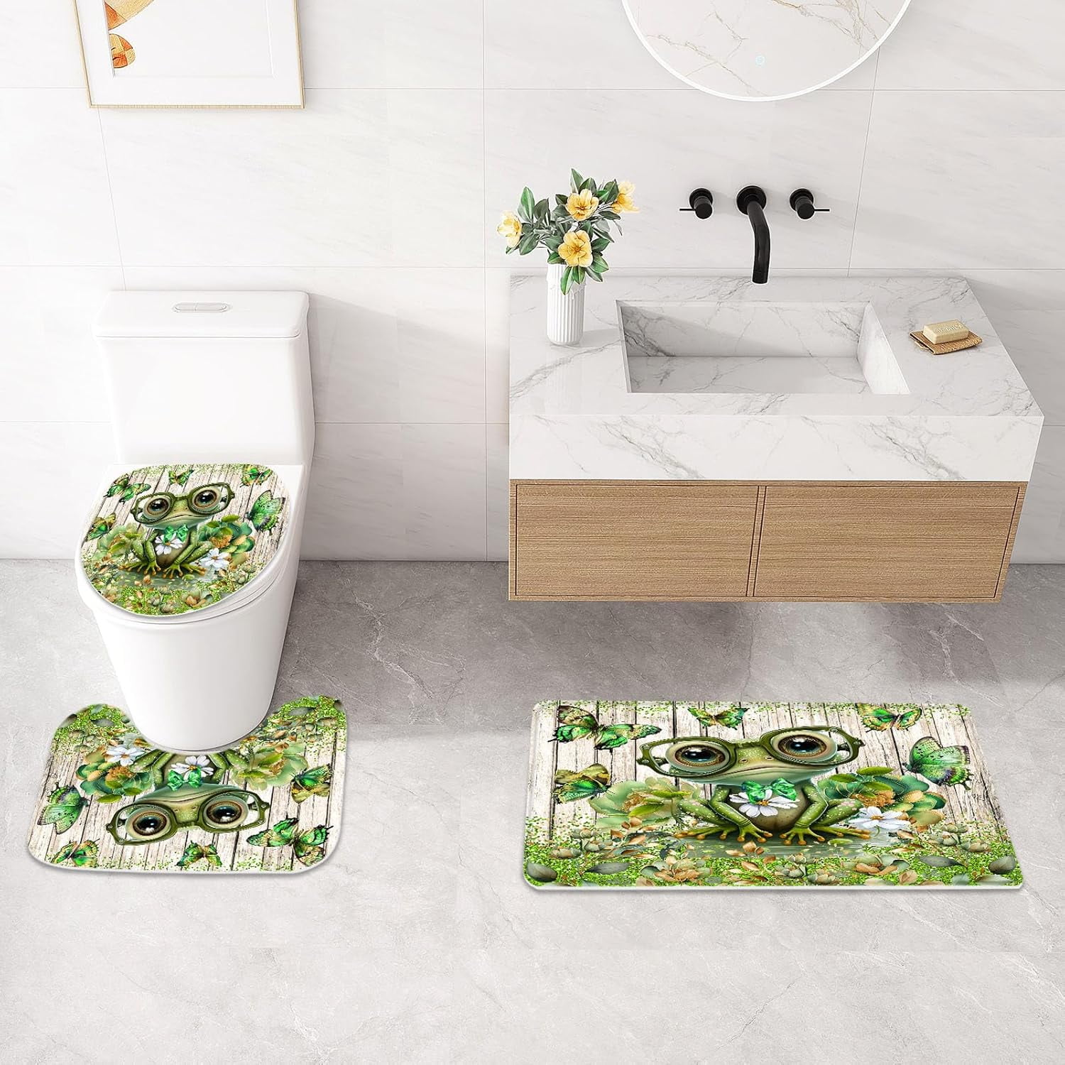 4 Pcs Floral Frog with Glasses Cute Kids Shower Curtain Sets with Rugs for Bathroom Decor, Funny Bathroom Sets with Shower Curtain and Rugs, Country Bathroom Curtain Set (Hooks Not Included)