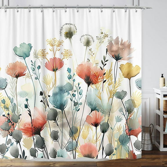 Rustic Boho Floral Shower Curtain, Bright Colorful Watercolor Flower Botanical Shower Curtain, Cute Minimalist Aesthetic Floral Bath Curtain with 12 Hooks, 72"×72" Blue Pink Sage Teal Cream Tan Grey
