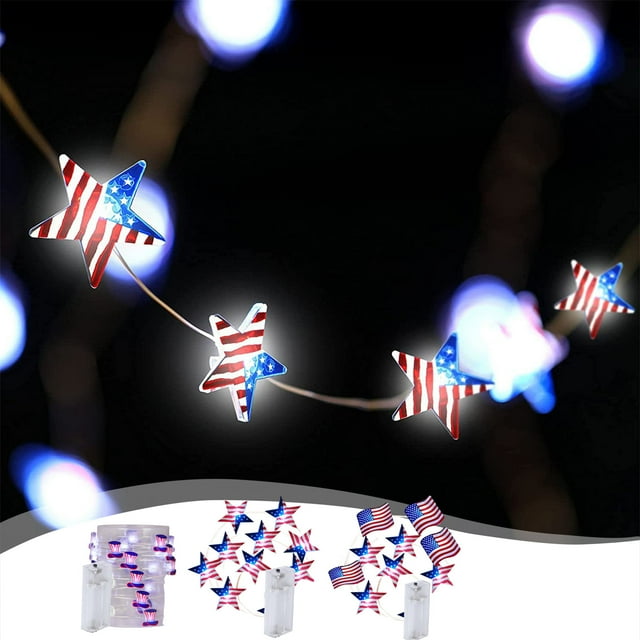 Xihbxyly Guirnalda de Luces con La Bandera de Ee. Uu., Funciona a Pilas, Diseño de Estrella y Bandera Roja, Blanca y Azul, Resistente Al Agua, para Uso En Interiores y Exteriores, Día de Los Caídos,