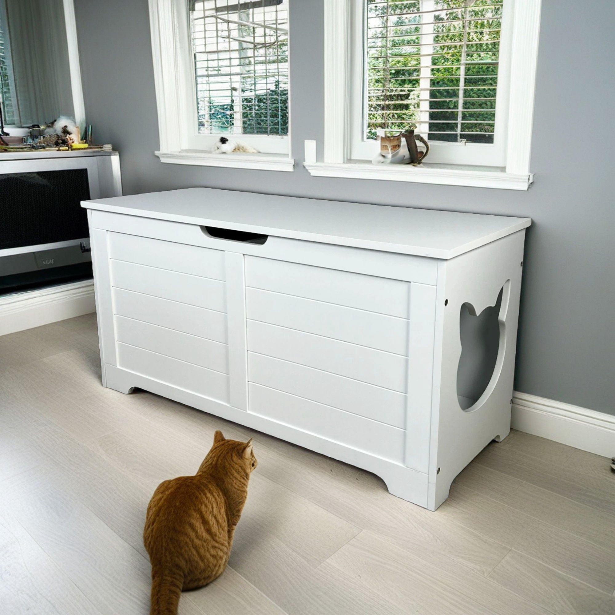Pefilos 39" Large Cat Litter Box Enclosure for Indoor Cats, Hidden Cat Litter Box Furniture, Top Open Cat Houses Washroom, White