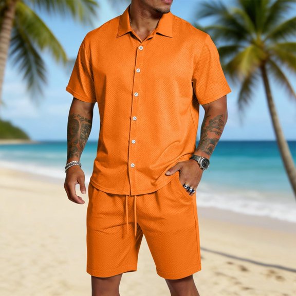 EliteGoogv Men Two Piece Set Mesh Short Sleeve Shirt And Shorts Casual Outfit For Men Summer Beach Matching Set Orange 2XL