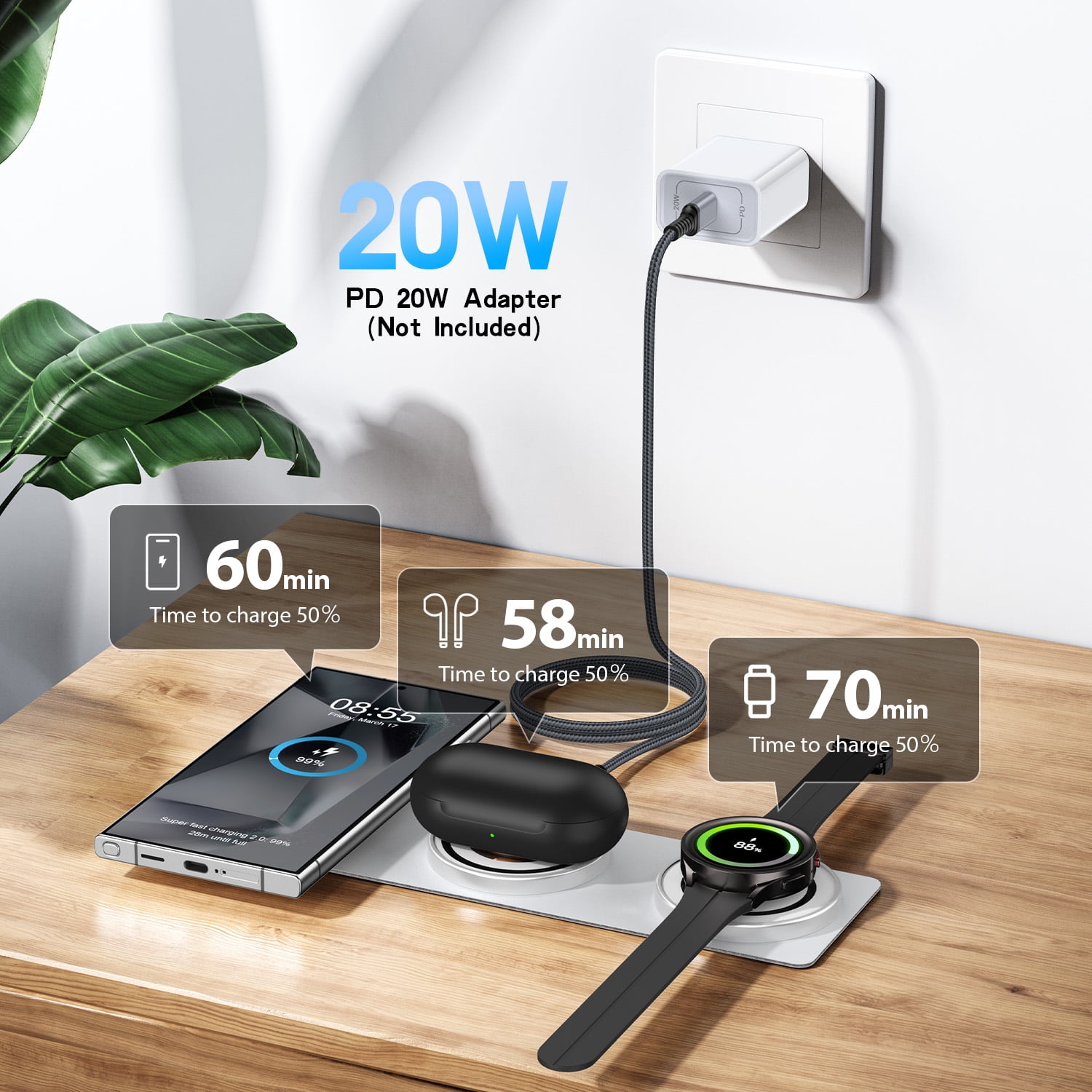 15W Samsung Wireless Charger Pad,3 in 1 Travel Foldable Watch 6 Classic Wireless Charging Station Phone Charger Stand Charging Mat Android Fast Charging dock Compatible for Samsung S25 Buds2 Pro Live