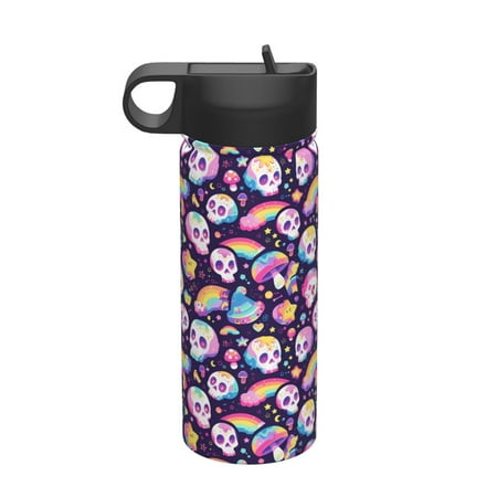 

Gaeub Skull colorful mushroom rainbow Printed 18oz Sports Insulated Kettle With Straw Sports Insulated Bottle Water Bottle For Running Hiking Cycling Climbing Mens Womans Insulated Water Bottle