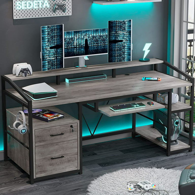 Sedeta Computer Desk, Home Office Table with Drawers, Gray