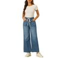 thumbnail image 2 of INSPIRE CHIC Women's Wide Leg Denim Pants Drawstring Elastic Waist Casual Jeans with Pockets XS Blue, 2 of 6