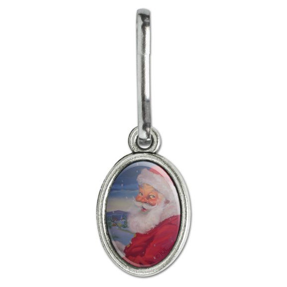 Christmas Holiday Santa Making His Rounds Antiqued Oval Charm Clothes Purse Suitcase Backpack Zipper Pull Aid
