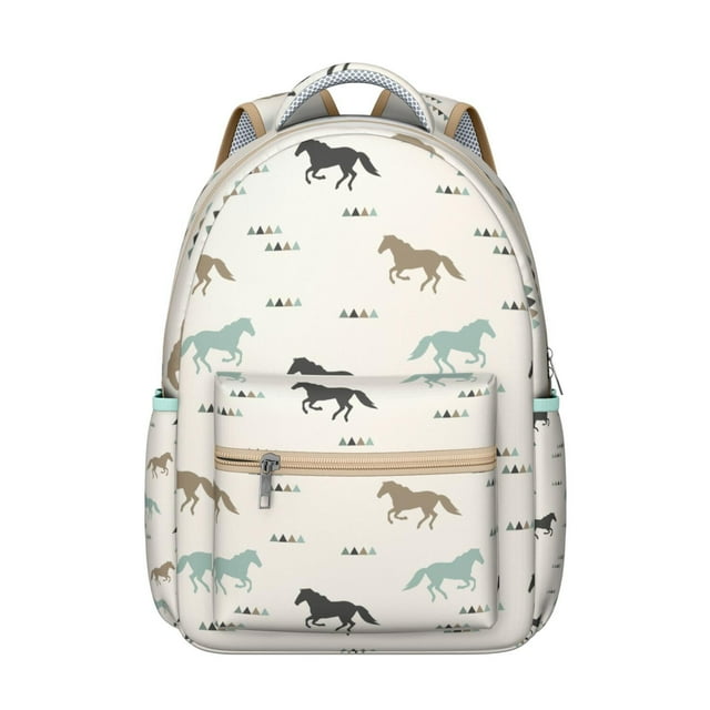 Cute Horse Lovers Student School Backpack with Foal and Pony Floral Pattern Rainbow Print Retro Rural Design Bookbag