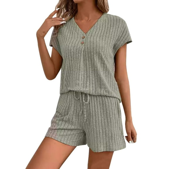 Gkeoshab Nightgowns for Women Pajamas Sets For Women Ribbed Knit Sets Soft Short Sleeve Casual Sleepwear Set Pajama Dress