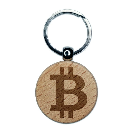 Bitcoin Symbol Cryptocurrency Money Round Keychain Charm Tag - Engraved Wood