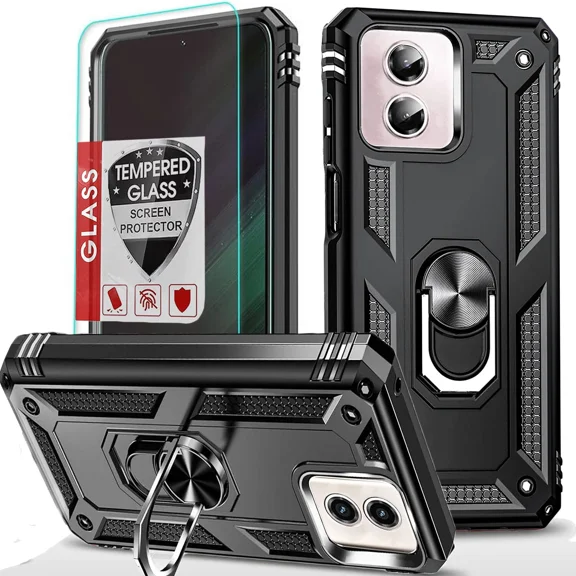 Starshop Motorola G Play 2026 Case Phone Cover Shockproof Ring Stand Case With Glass Screen - Black