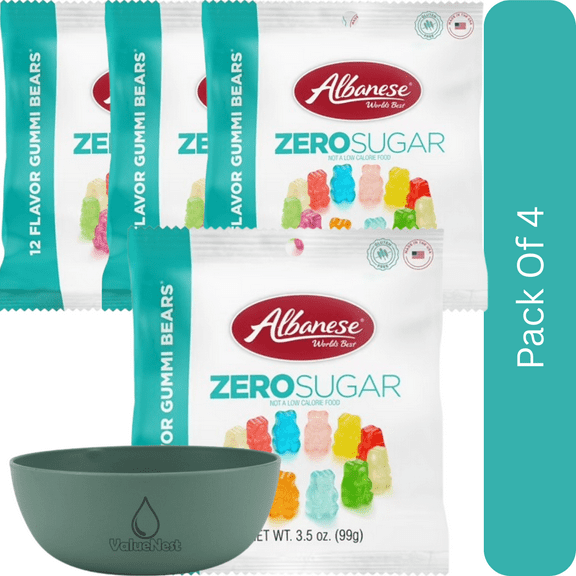 Albanese 12 Flavor Zero Sugar Gummi Bears, 3.5 oz, Regular Size-4pk, With Olive Green Bowl By ValueNest