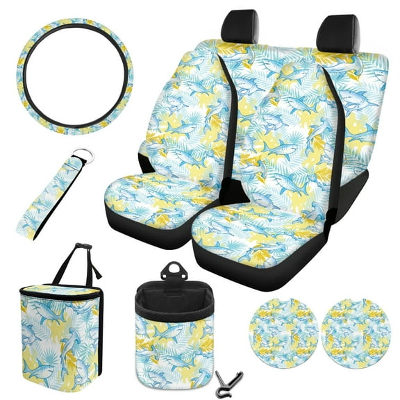 FOR U DESIGNS Shark Print 10 Pack Car Seat Cover Full Sets Waterproof Front Rear Seat Covers Hanging Car Trash Can Air Vent Pouch Steering Wheel Cover Cup Coasters Keychain for SUV Truck
