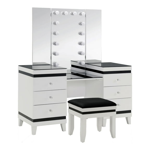 Furniture of America Dinz Wood 3-Piece Vanity Set with Light Bulbs in White