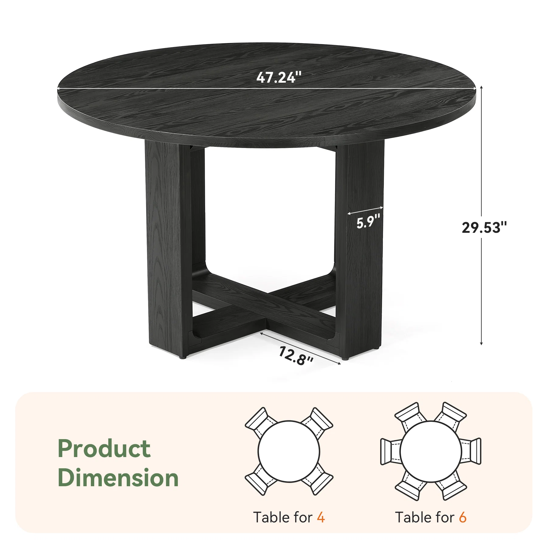 Hommoo 47-Inch Round Solid Wood Dining Table, Sturdy Cross-Base Kitchen Table for 4 to 6 People, Farmhouse & Modern Style, Black