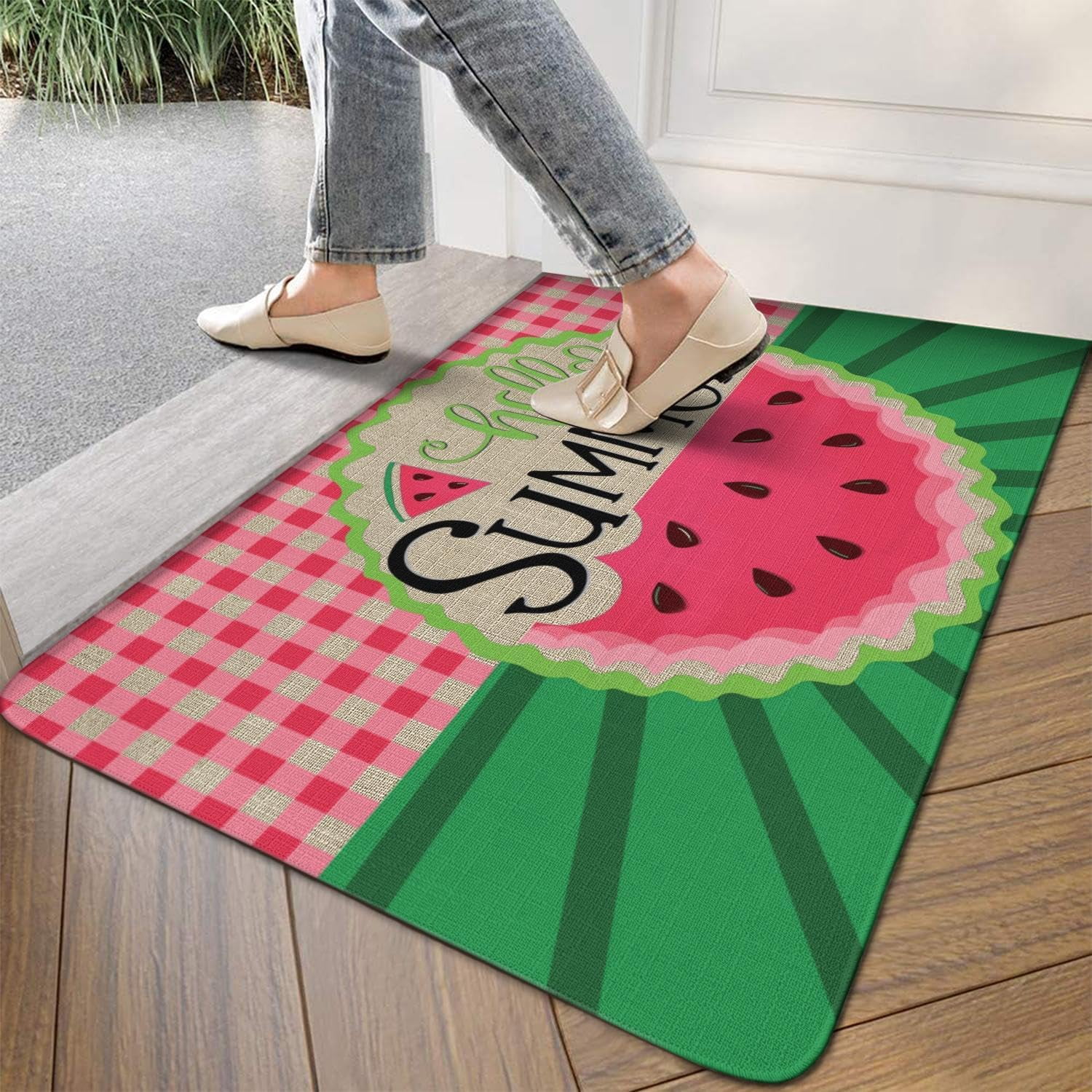 Hello Sunshine Door Mat 30 X 17 Inch Funny Summer Watermelon Door Mat Indoor Outdoor Entrance Floor Mat Non Slip Summer Decor Rubber Welcome Mats