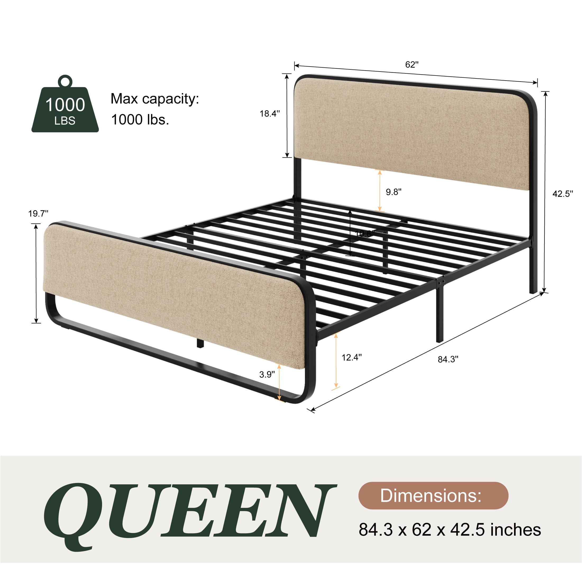 Amolife Queen Size Platform Bed Frame, Upholstered Bed with Fabric Curved Headboard & Footboard, No Box Spring Needed, 1000 LBS Capacity, Beige