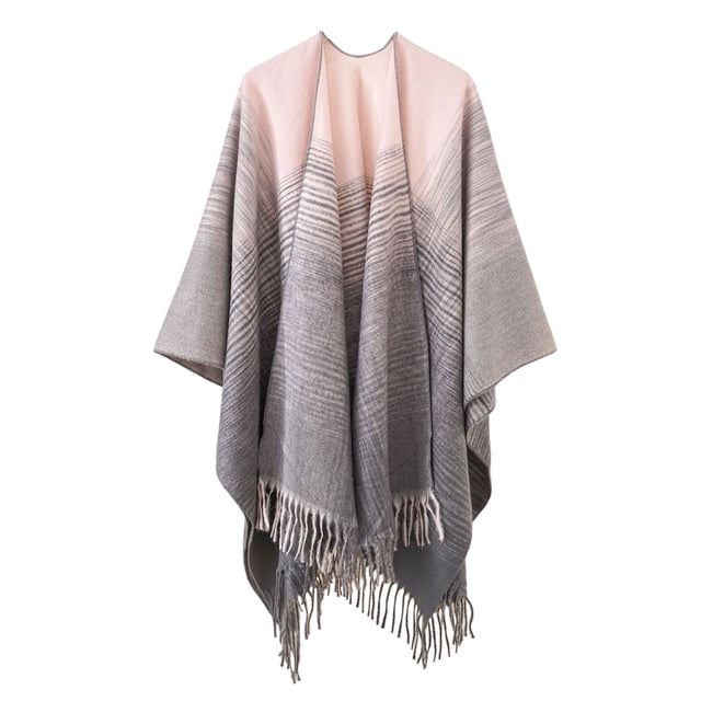 Women's Fashion Stripe Color Block Cloak Shawl Cardigan Warm Windproof Wrap for Autumn Spring Winter