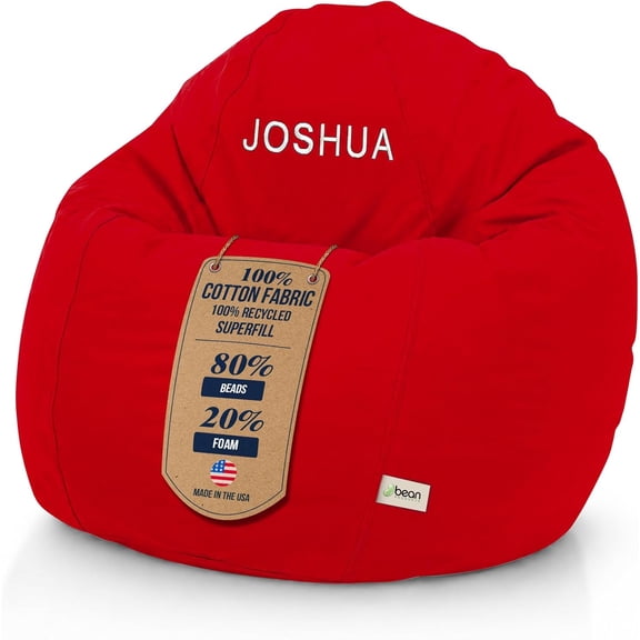 Monogrammed Cotton 31x33x20" Small Bean Bag Chair - w/Polystyrene Beads and CertiPUR Foam Filled Bean Bag for Teens and Kids - Red