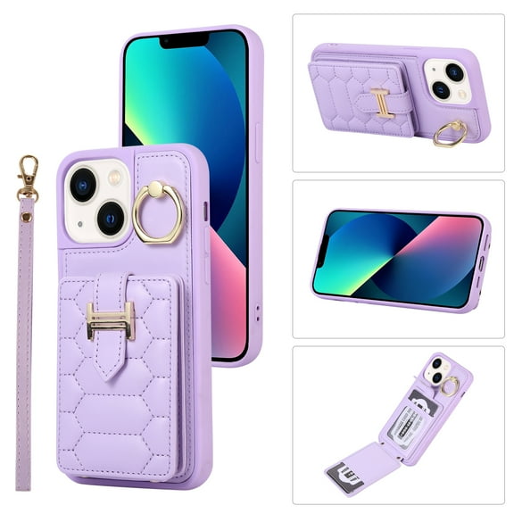 Nalacover for iPhone 13 Ring Holder Crossbody Wallet Case with Credit Card Slots, Lanyard Shoulder Strap Premium PU Leather Wrist Hand Strap Cover with Kickstand for iPhone 13,Deeppurple