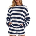 thumbnail image 2 of sdhkgrrt Women's 2 Piece Matching Lounge Set Soft Long Sleeve Round Neck Pullover Tops Drawstring Waist Shorts Striped Loose Casual Outfits Fall Tracksuit Clothing , Navy M, 2 of 6