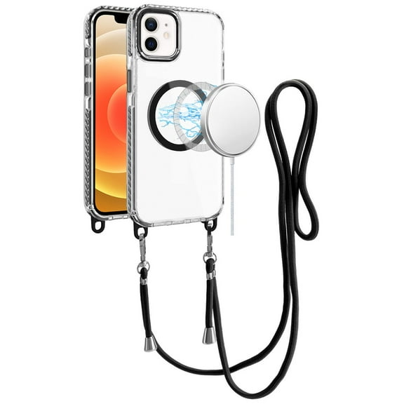 For Apple iPhone 15 Clear Magnetic Frame PC Back Shockproof Protective Case with Detachable Lanyard Strap, Compatible with MagSafe Cover, XPM Phone Case [Black]