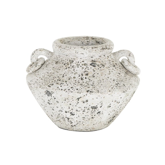 DecMode 11" Antique Style Textured White Ceramic Vase with Ring Handles